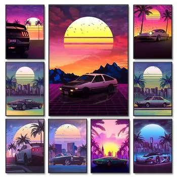 80S Винтаж Неоновый Спортивный Автомобиль Закат Пальма Картина Маслом Старинный Плакат Гостиная Стены Искусства 21cm30cm NoFrame