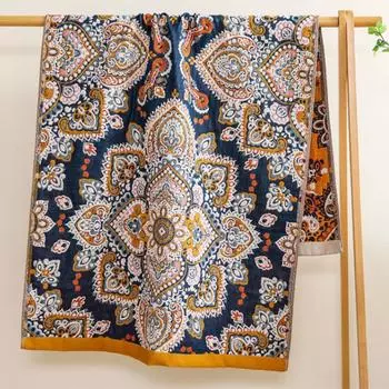 80x160 см Темно-синие цветы Большие полотенца Хлопковое марлевое банное полотенце Чистый хлопок Водопоглощающее быстросохнущее банное полотенце, 1 шт.