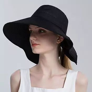 8112 Sun Hat Female Sun Protection Big Brim Hat Big Brim Ponytail Bucket Hat Fashion Sun Hat Outdoor Summer Fashion Hat Calm Black