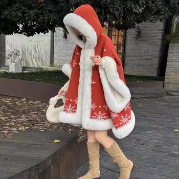 811 #Зимний снежный флисовый утепленный плащ с капюшоном и большим меховым воротником для женщин, ветрозащитный теплый плащ на пуговицах One Size