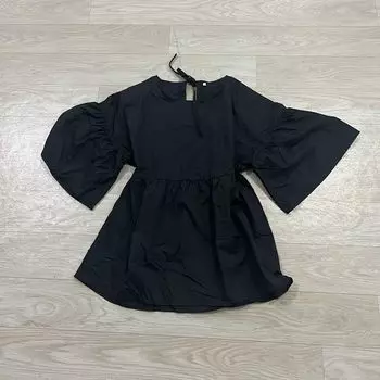 812 Japanese Single Summer New Arrival Loose Korean Style Bell Sleeve Tops round Neck Slingback Waist Tight Fashion All-Match Black M