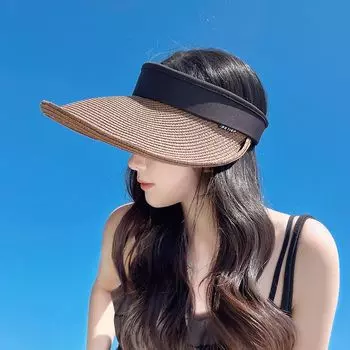 8237 Fashionable Curled Brim Straw Hat Children s Patchwork Outdoor Sun Hat Summer Casual Sun-Proof Visor Straw Hat Coffee