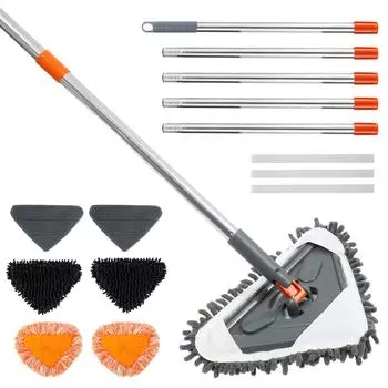 82-дюймовая швабра для мытья стен с длинной ручкой, инструмент для мытья плинтусов, вращающийся на 360°, с 6 сменными насадками из микрофибры и шенилла