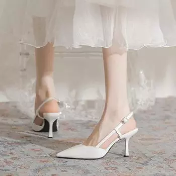 8369-5 Женские туфли на шпильках с закрытым носком - Лето 2023 Лакированные кожаные сандалии с острым носком 36 белый