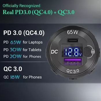 83W USB C Car Charger Socket DC Super Fast Charging Dual QC3.0 & PD with Switch LED Voltage Display for 12V/24V Car Marine ATV