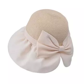 8457 Summer Outdoor Fashion Sun-Proof Straw Hat Big Brim Bows Sun Hat Female Easiest for Match Sun-Proof Bucket Hat Tide Beige