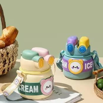 850 мл нержавеющая сталь кофейные чашки с трубочкой милый мультфильм двойные стенки термосы чашка для детей открытый спорт бутылки для воды 850ml синий