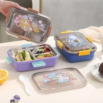 850ml Cartoon Stainless Steel 304 Thermal Lunch Box With Spoon Kids Leak-Proof Bento Box Student School Office Food Container 850ml синий