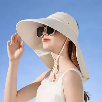 8515 Summer Big Brim UV Protection Sun Hat Hatband Shawl Sun Protection Hat Children Outdoor Cycling Air Top Sun-Proof Champagne Rice