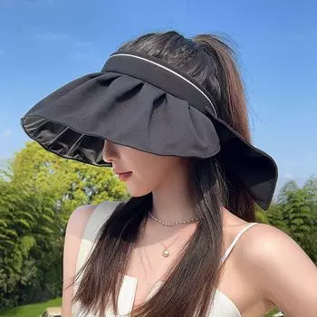 8529 Shell Big Brim Topless Hat Summer Outdoor Shawl Sun Hat Female Fashion Bowknot Sun Protection Sun Hat Twilight Black