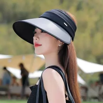 8540 Summer Big Brim Show Face Small Sun Protection Sun Hat Female Outdoor All-Matching Fashion UV Protection Topless Hat Twilight Black