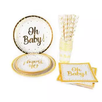 85 шт. одноразовой посуды Oh Baby Gold Dot, набор для вечеринки по случаю рождения ребенка для мальчиков и девочек, тарелки, чашки, украшение для дня рождения ребенка