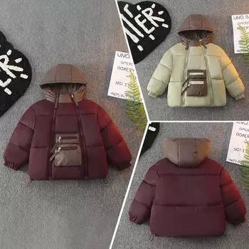 864 детская куртка с воротником-стойкой, капюшоном, утолщенной хлопковой подкладкой, для детей среднего и старшего возраста, двойной карман на молнии, модная детская куртка с хлопковой подкладкой 160cm темно-красного