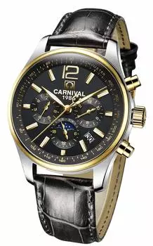 8702G Механические часы Sun Moon Phase [CARNIVAL] Мужские и (Черный/Золотой/Кожа) [Элемент]