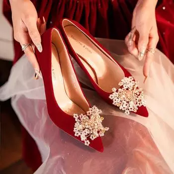 8777H-021 Туфли на шпильке с замшевой аппликацией красного цвета на высоком каблуке для праздничного свадебного платья, свадебные туфли для подружек невесты 34