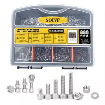 «Набор из 880 деталей из нержавеющей стали 304»: Винты M2-M4, гайки, шайбы, пружинные шайбы для домашнего ремонта и обслуживания.