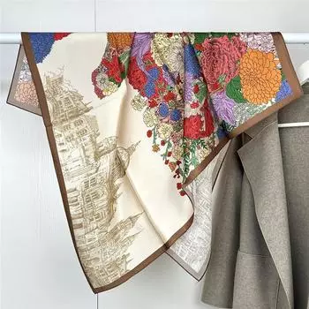 88*88 см 100% шелк тутового шелкопряда ретро цветочный сад картина маслом квадратный шарф тонкий солнцезащитный пляжное полотенце шаль шейный платок 88*88cm