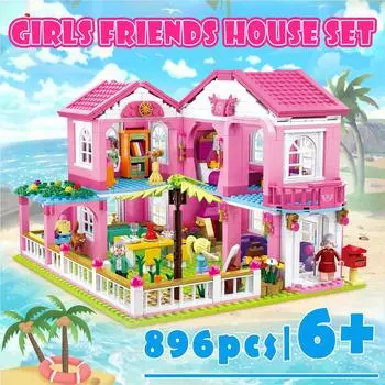 896 шт., строительные блоки для пляжной виллы, идея украшения рабочего стола, игрушки для игр в домик для девочек, детские развивающие игрушки «сделай сам», подарки БЕЗ КОРОБКИ