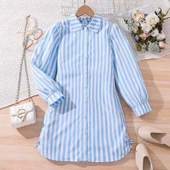 8-12 лет Детские платья для девочек Весна Осень Новые повседневные полосатые платья-рубашки с длинными рукавами средней длины 130cm/8Y синий