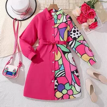 8-12 лет весна осень новая мода принт длинные рукава рубашки платья платья для девочек детская одежда детские платья 130cm/8Y красный