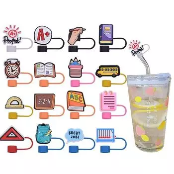 8/12pcs Back To School Straw Covers Cute Cartoon PVC Easy Clean Straw Caps Dustproof Straw Toppers Cup Decoration Accessories