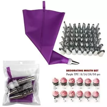 8/14/50pcs Purple Silicone Pastry Bags Tips Kitchen DIY Cake Icing Piping Stainless Nozzle Reusable Cream Decorating Mouth Tools