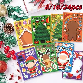 8/16/24 шт. Рождественская наклейка-головоломка, рождественская елка, лось, Санта-Клаус, стиль, сделай лицо, наклейки для украшения вечеринки, детская игра, подарок своими руками 11x16cm