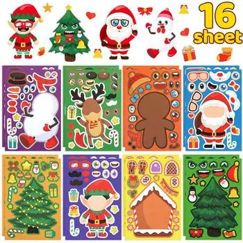8/16 листов рождественские наклейки-пазлы Санта-Клаус снеговик рождественская елка сделать лицо наклейка детские сувениры игрушка подарок новогоднее украшение 8sheets