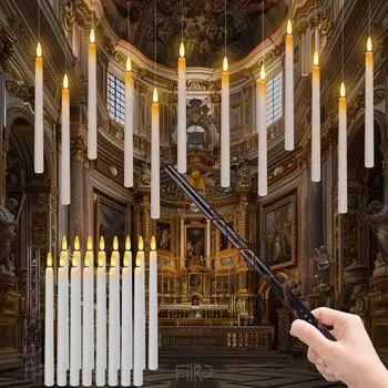 8/32PCS LED Taper Floating Candles with Magic Wand Remote Hanging Window Candles Flickering Electric Candles for Halloween Decor