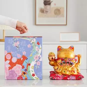 8,46-дюймовая керамическая фигурка Манеки-неко из золотого фарфора, приносящая удачу, китайское украшение в стиле фэн-шуй, манящая кошка, машущая рукой