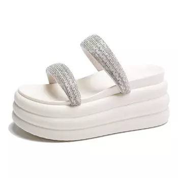 8,5 см летние женские тапочки шлепанцы женская пляжная обувь блестящие туфли на танкетке женские тапочки на высокой платформе уличные сандалии 34 чёрный