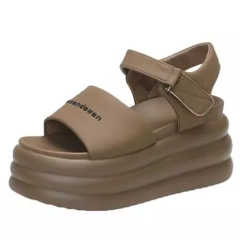 8,5 см массивные сандалии с открытым носком модная обувь для женщин летние новые повседневные кожаные сандалии на платформе танкетке женские высокие каблуки крючком 34 бежевый