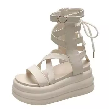 8,5 см новые летние черные женские кожаные сандалии крутые ботильоны туфли на платформе танкетки женские сандалии модные уличные сандалии 34 бежевый