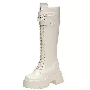 8,5 см новые женские сапоги на толстой платформе до колена, кожаные длинные сапоги в стиле панк с бисером, женские сапоги на каблуках, осенне-зимние мотоциклетные ботинки 34 белый