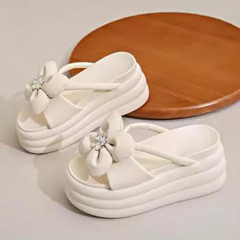 8,5 см Платформа Тапочки Сандалии Женские Бантик Толстая Подошва Тапочки Шлепанцы Массивные Новые Летние Повседневные Пляжные Шлепанцы Zapatos Mujer 34 бежевый