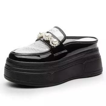 8,5 см синтетическая лакированная кожа на платформе, тапочки на танкетке, женские модные сандалии, массивные кроссовки, римские туфли-лодочки, летняя обувь 34 чёрный