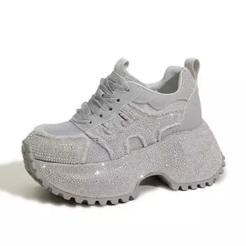 8.5CM Air Mesh Microfiber Leather Fashion Spring Summer Casual Chunky Sneaker Lace Up High Brand Comfy Booties Bling Shoes Women 34