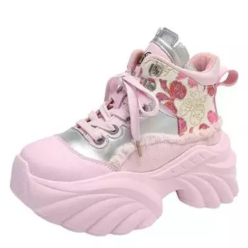 8.5CM Autumn High Top 2024 Women Sneakers Lace-up Ankle Boots Breathable Casual Canvas Shoes Thick Bottom Embroidery Short Boots 35 бежевый