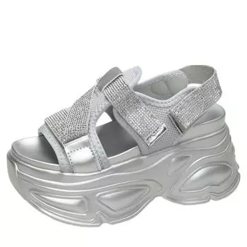 8.5CM Platform Sandals Women Bling Wedge High Heels Summer Rhinestone Hook Loop Chunky Sandalias Beach Slippers Zapatos Mujer 34 серебряный