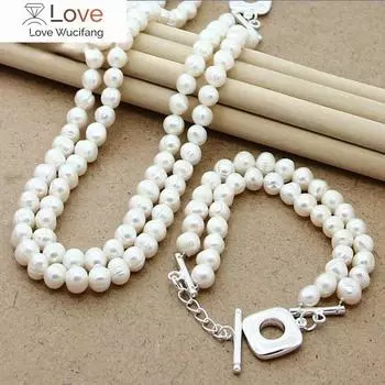8-9 мм натуральный пресноводный жемчуг ожерелье браслет комплект ювелирных изделий, женские серебряные ювелирные изделия высокого качества