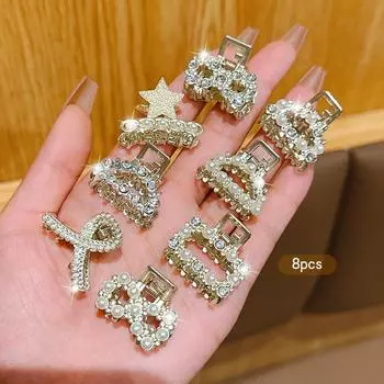 8 alloy rhinestone small hair claws, fashionable and sweet style hair clips suitable for daily use as hair accessories
