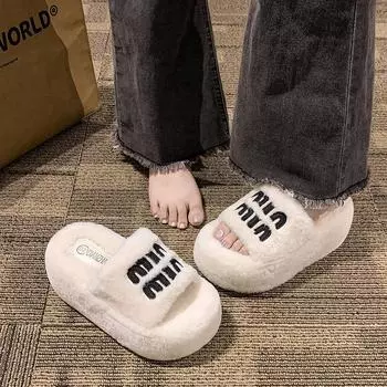 8 cm fluffy mop outer slippers premium feeling fluffy comfortable home cotton mop platform slippers women s fashion 35 чёрный