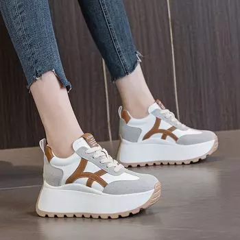 8 cm heightened thick-soled muffin dad shoes for women, popular, heightened soft leather sports versatile little white shoes for women in autumn and 35