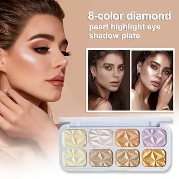 8-цветная палитра для макияжа с пудрой-хайлайтером для лица. Все сверкающие оттенки можно накладывать слоями или носить индивидуально, чтобы подчеркнуть черты лица. белый