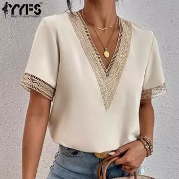 8-цветная женская свободная рубашка с v-образным вырезом и кружевом, рубашка с коротким рукавом, женские блузки и рубашки L