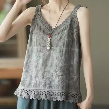 8-цветный вышитый топ из хлопка и льна с V-образным вырезом для женщин One Size белый