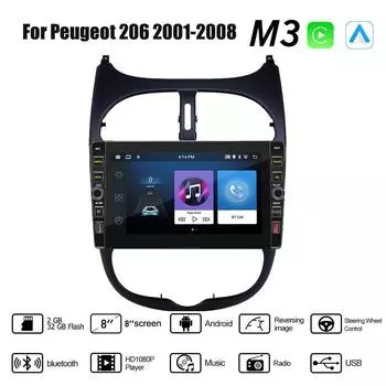 8 дюймов для Peugeot 206 2001-2008 с кнопкой Android автомобильный радиоприемник мультимедийный плеер навигация стерео GPS 2 Din Carplay 2 + 32 ГБ 1+32GB