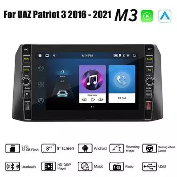 8 дюймов для УАЗ Патриот 3 2016-2021 с кнопкой Android автомобильный радиоприемник мультимедийный плеер навигация стерео GPS 2 Din Carplay 2 + 32 ГБ 1+32GB