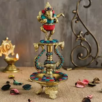 8 дюймов Танцующий Ганеша Драгоценный камень Работа Латунное масло Дия, Латунные Дия для дома, Дия на новоселье,