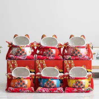 8-дюймовая керамическая банка для конфет Maneki Neko, копилка для кошек с удачей, коробка для хранения закусок с изображением кошек с удачей белый